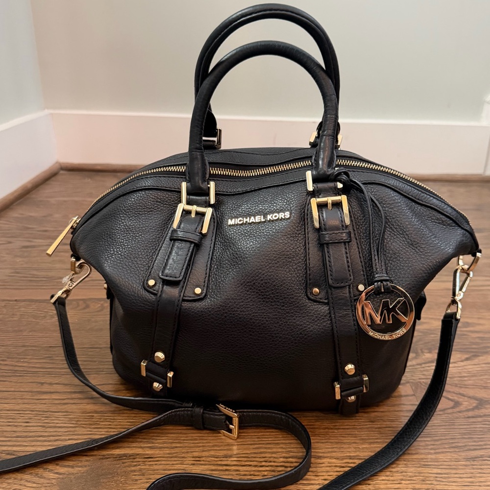 MICHAEL KORS BEDFORD BELTED Black Pebbled Leather Gold Hardware Satchel Bag - Picture 1 of 10